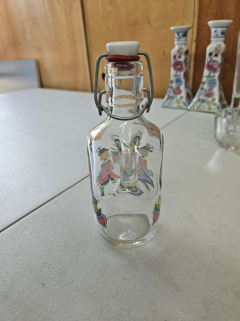 Vintage Glass Flask, Glass Bottle with Stopper, Clear Glass Bottle with german folk art