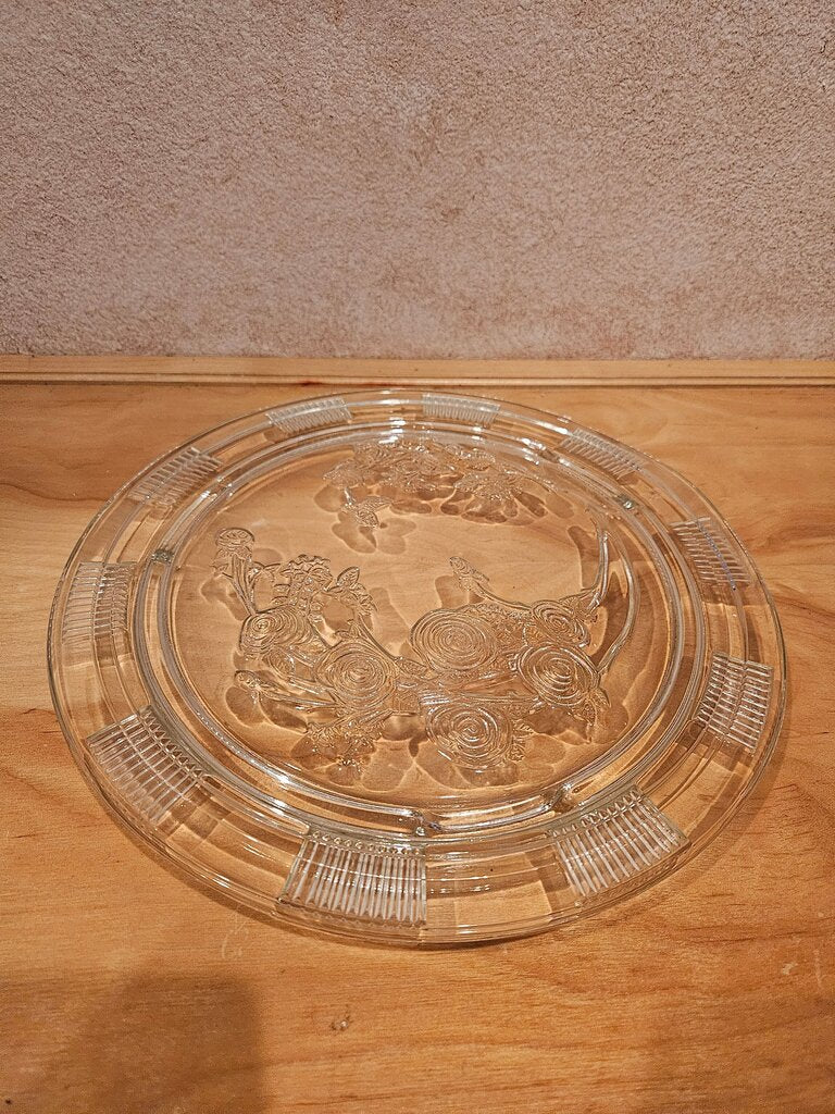 Depression Glass Round Cake Plate, Federal Glass SHARON or CABBAGE ROSE, 1930s