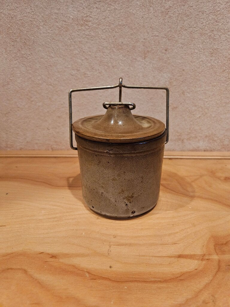 Vintage Pink Speckled Cheese or Butter Crock, Stoneware Pottery, Wire Bail Closure