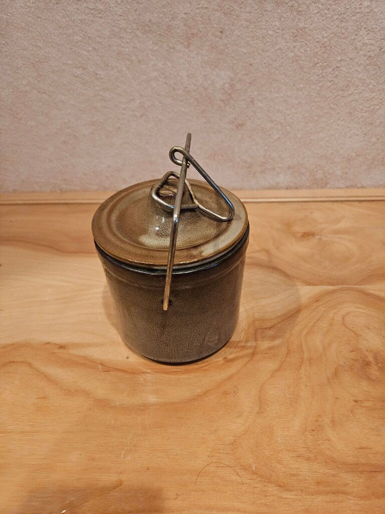 Vintage Pink Speckled Cheese or Butter Crock, Stoneware Pottery, Wire Bail Closure