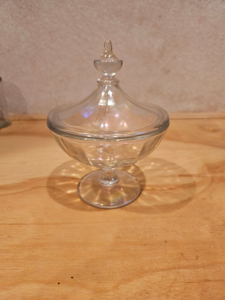 vintage Fostoria - Stem 2250 candy dish / lid, opal white iridescent stretch glass or carnival glass