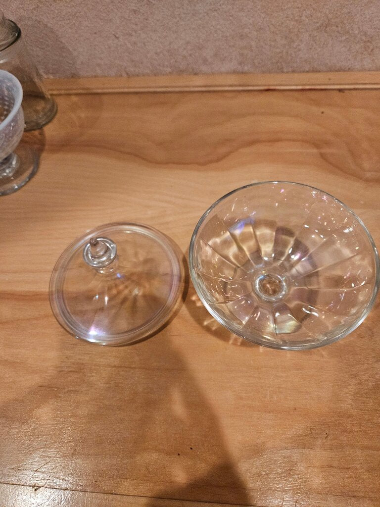 vintage Fostoria - Stem 2250 candy dish / lid, opal white iridescent stretch glass or carnival glass