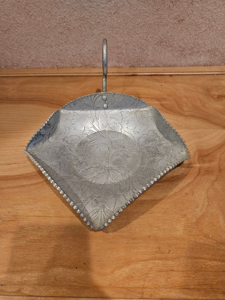 1950s Hand Wrought Aluminum 5 Sided Snack Server w Curly Handle Dogwood & Fruit