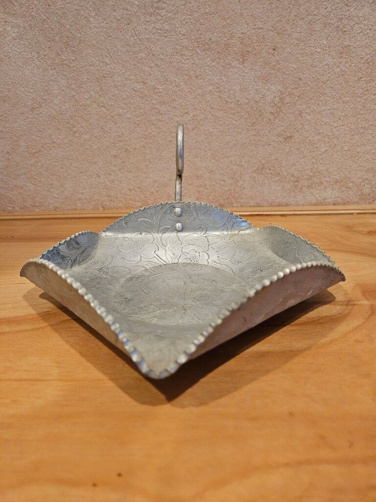 1950s Hand Wrought Aluminum 5 Sided Snack Server w Curly Handle Dogwood & Fruit