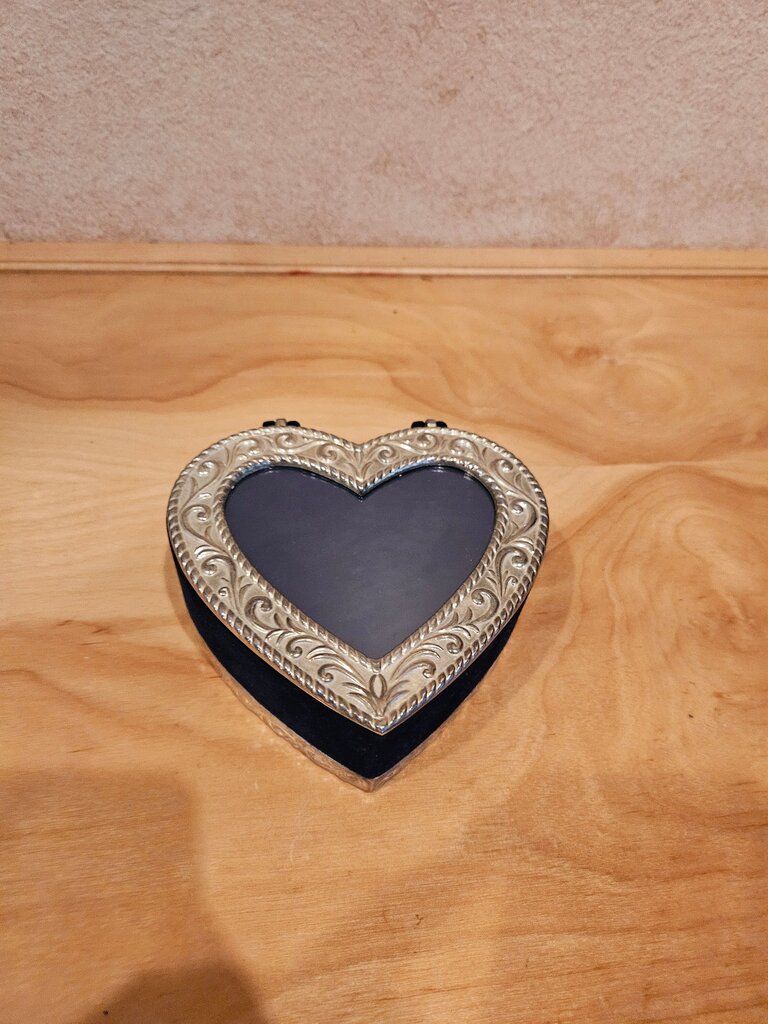Vintage Heart Shaped Hinged Jewelry Box w/ Photo Frame Lid/ Pewter & Blue Velvet