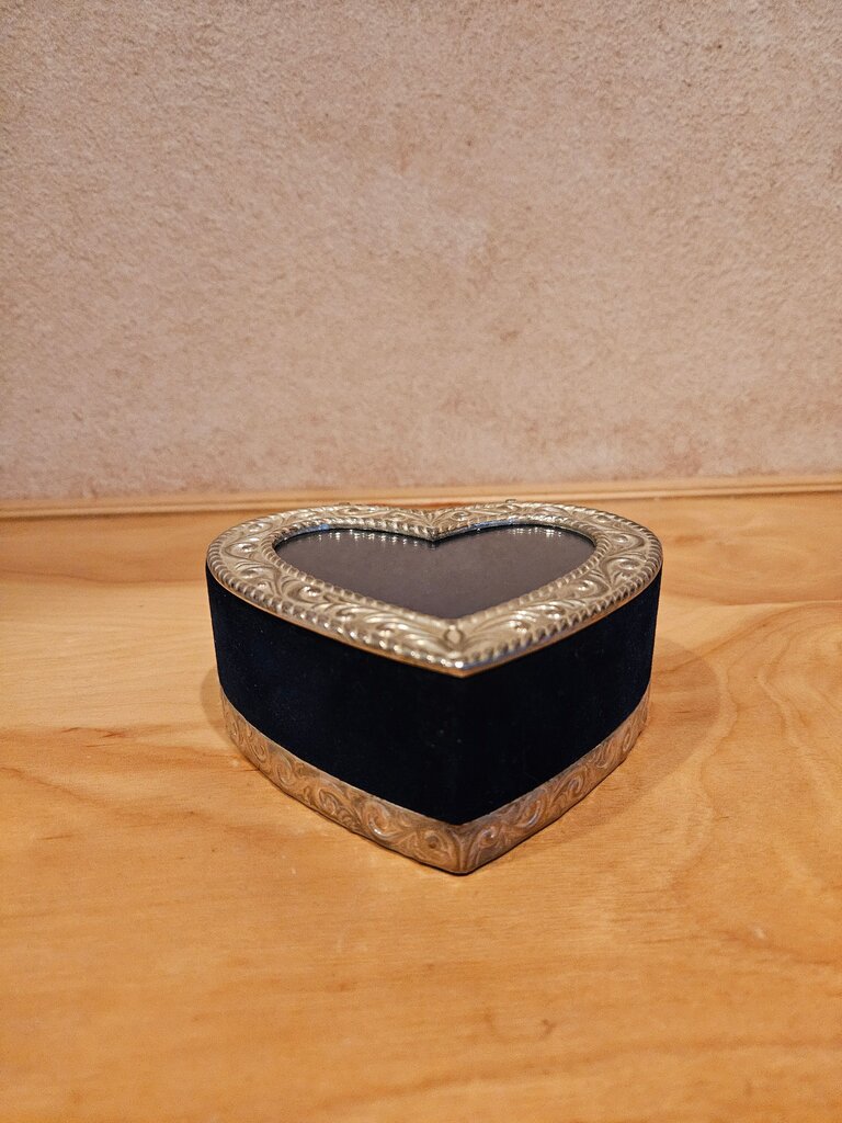 Vintage Heart Shaped Hinged Jewelry Box w/ Photo Frame Lid/ Pewter & Blue Velvet