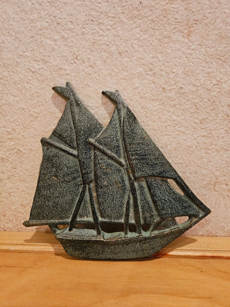 Pair Vintage Cast Iron Ships Schooners Wall Hangings 6”x 6” antiqued green Nautical