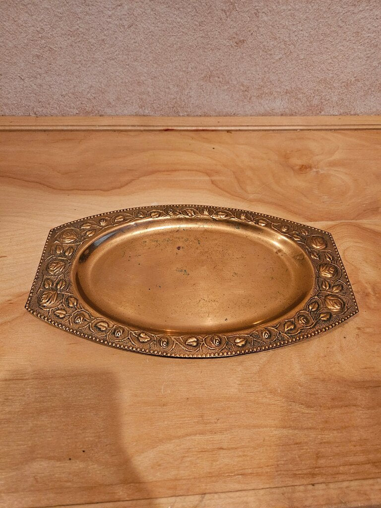Vintage Copper Tray, Rose Embossed Brass Tray, Floral Etched Tray, Brass Bar Tray, Antique Tray, Vanity Tray