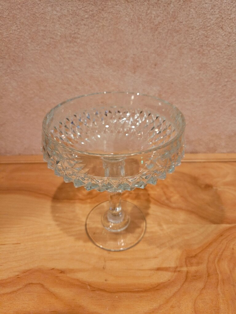 Vintage Indiana Glass Diamond Point pale yellow Pedestal Compote Candy Dish