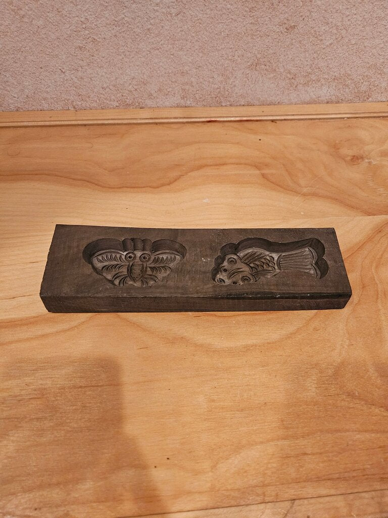 Hand-Carved Wooden Block Stamp with Butterfly and Fish /Butter Mold/ Cake Maker Mold Board