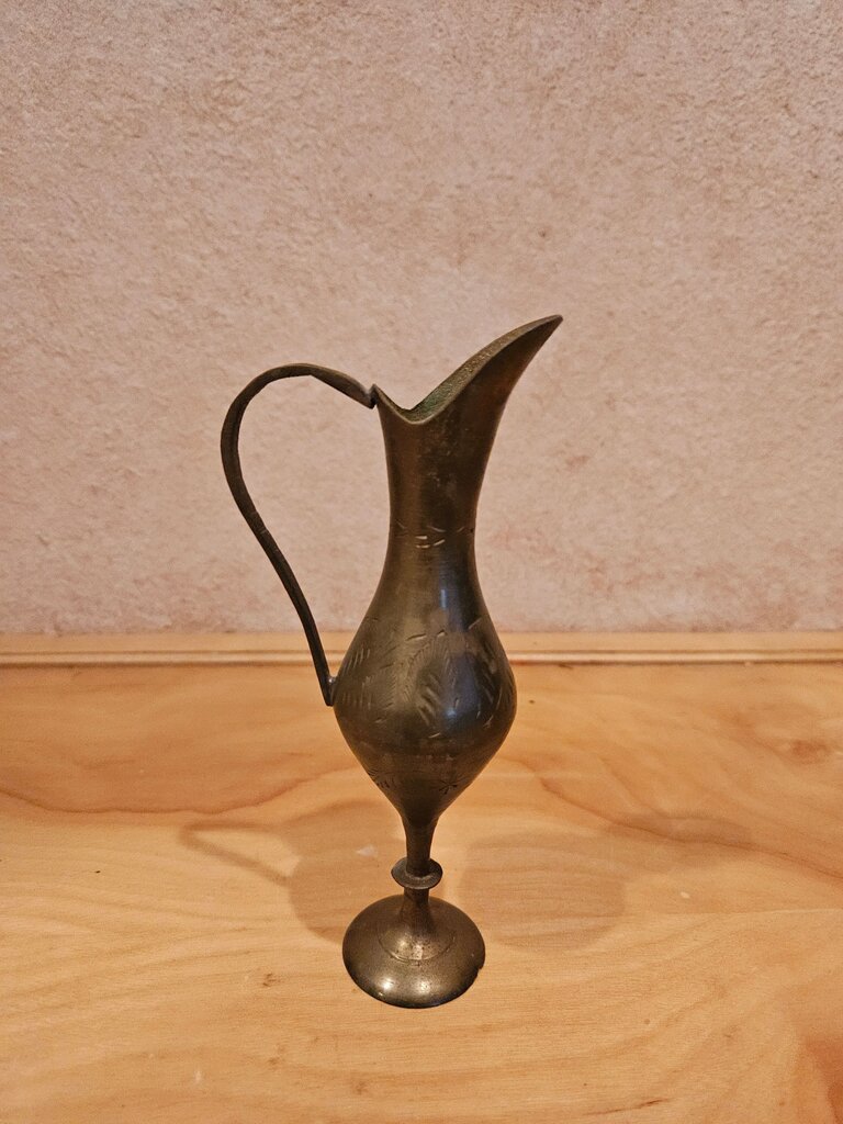 Vintage small etched brass vase - pitcher- water vessel- aged