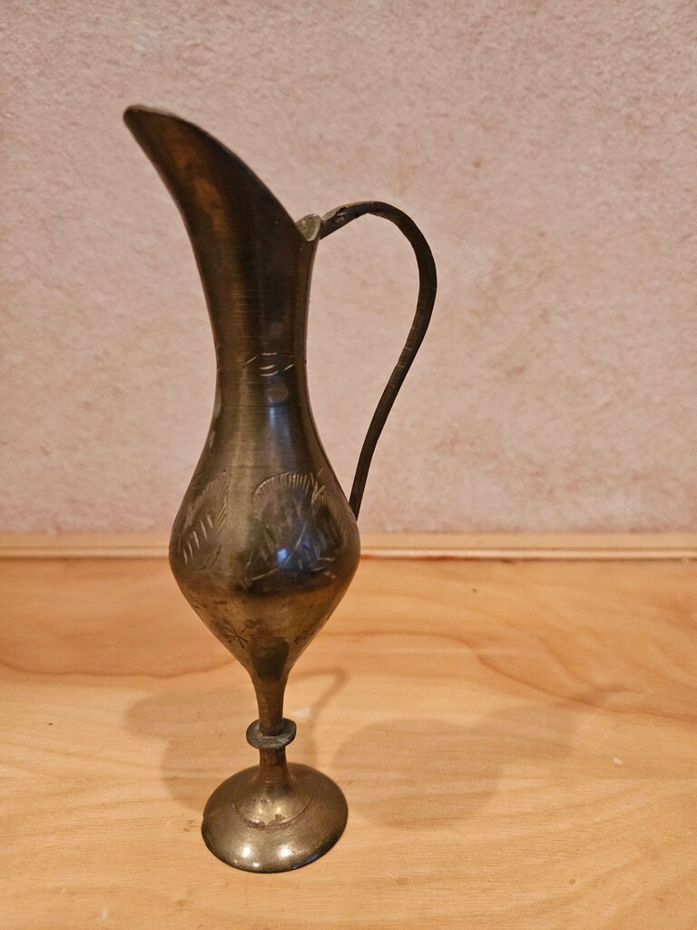 Vintage small etched brass vase - pitcher- water vessel- aged