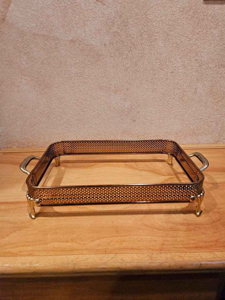 Vintage Copper tone Geometric W/ Ornate Gold Tone Handles and feet Rectangular server