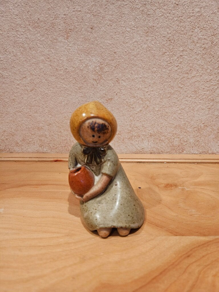 Vintage FF Mid-Century Girl Figurine Holding Pot Stoneware Pottery Japan