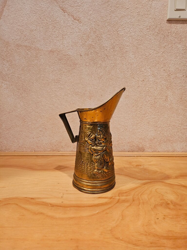 Larger Brass Stamped Motif Pitcher Vase with bar scene