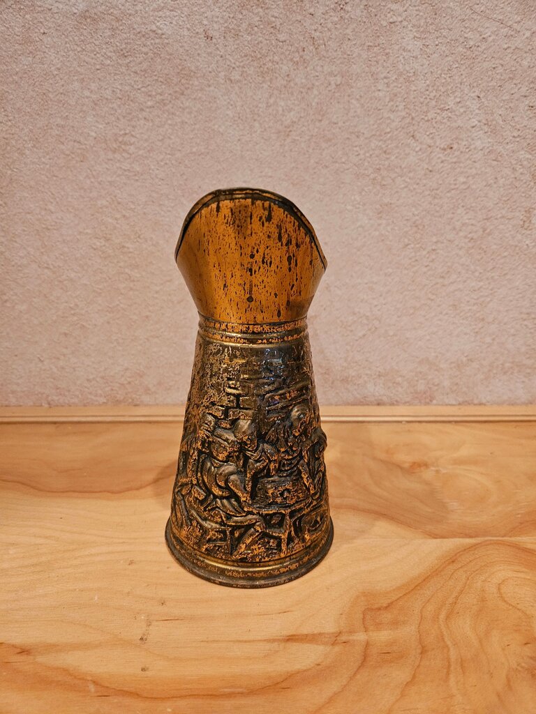 Vintage Thin Tin Brass Light Pitcher with Bar Tree Scene Brass Water Server