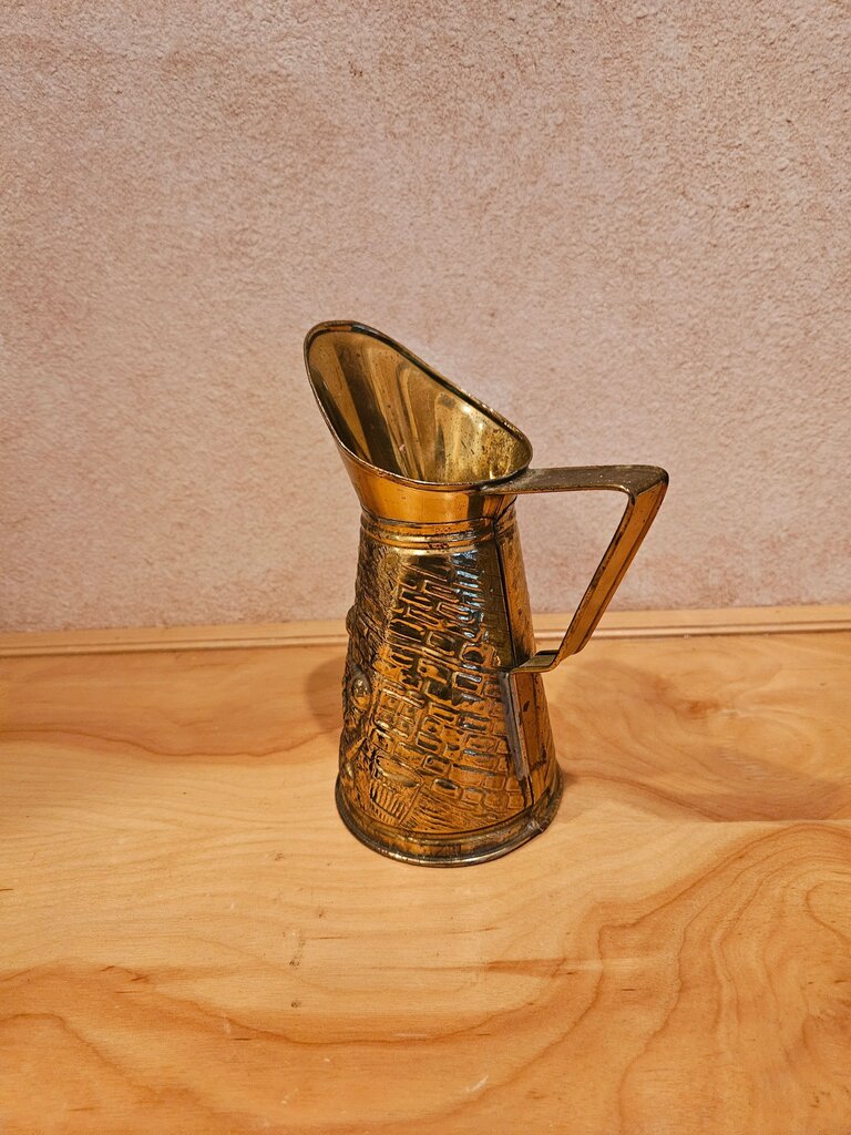 Vintage Thin Tin Brass Light Pitcher with Bar Tree Scene Brass Water Server