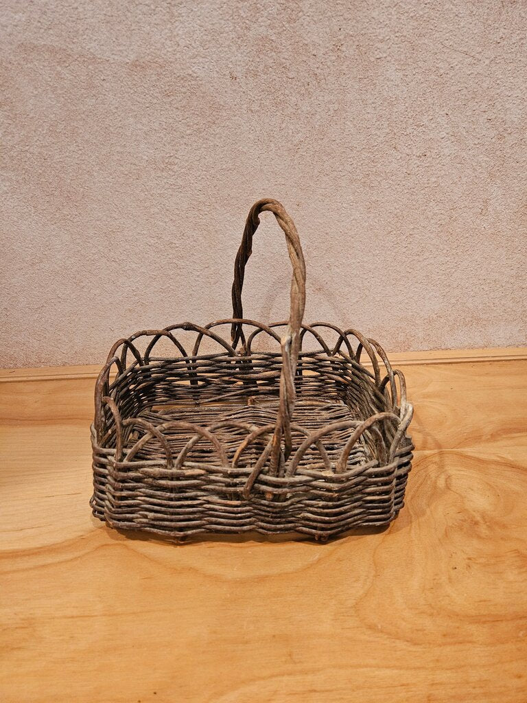 Vintage Rustic Woven stick Storage Basket with scalloped edge and twisted handle