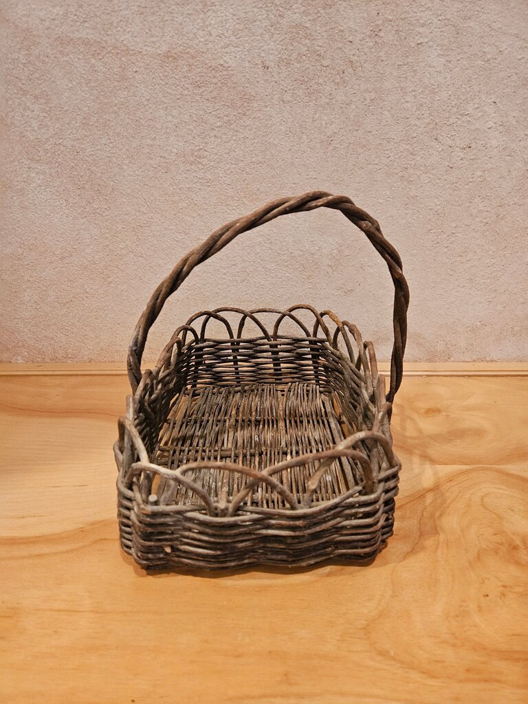 Vintage Rustic Woven stick Storage Basket with scalloped edge and twisted handle