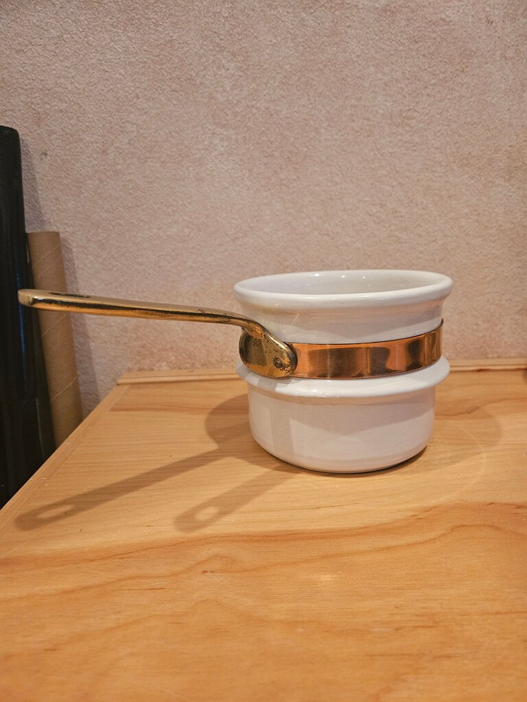 Vintage Ceramic Double Boiler Insert Pot With Copper Band & Brass Handle