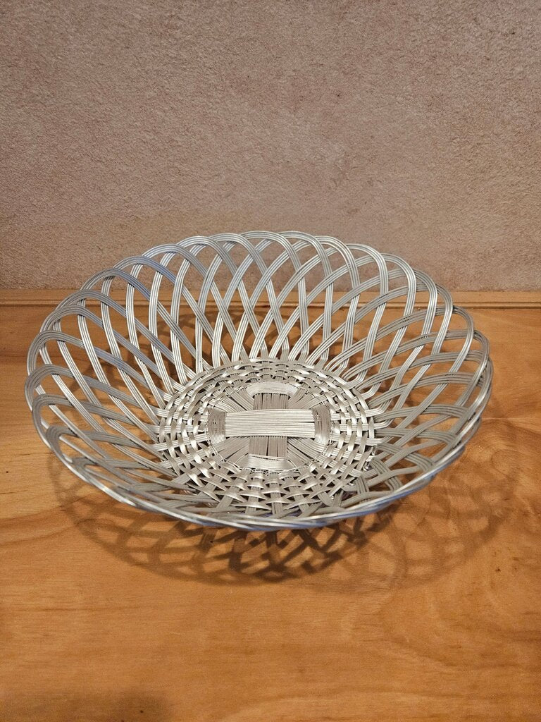Vintage Hand Woven Aluminum Modern Bread Or Fruit Silver Basket
