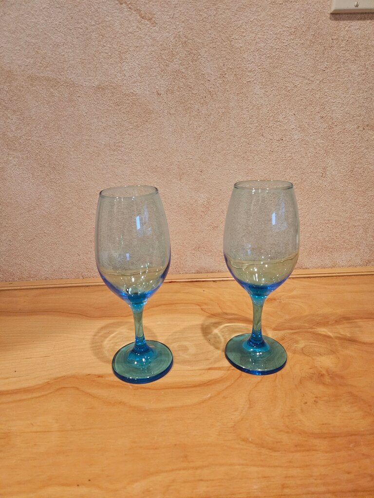 Vintage Set of Tall Blue Glass Wine Goblets