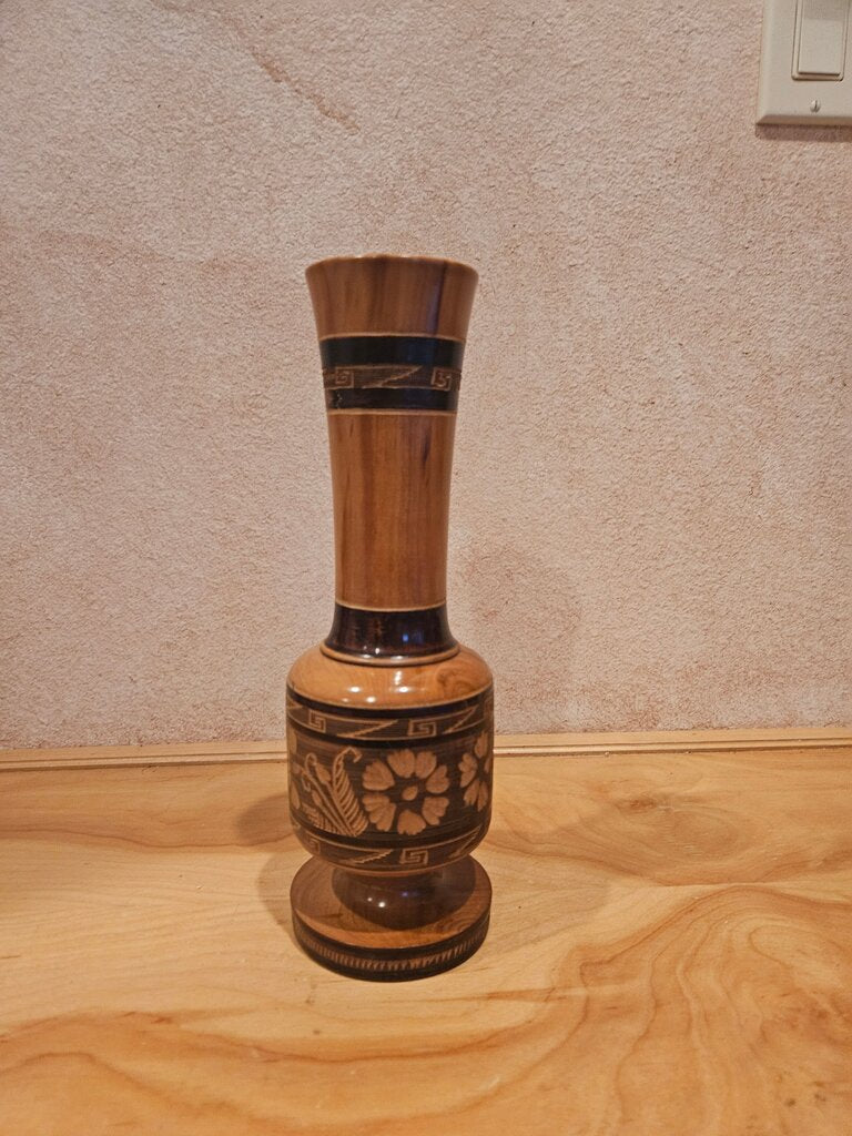 Vintage Hand Carved Turned Wooden Vase Floral Natural Wood Boho 12" Folk art Bohemian