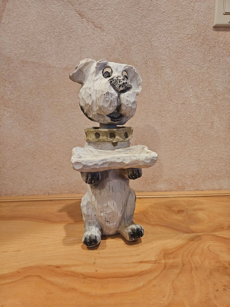 Vintage Heavy Spring Bobble Head 12" Tall Dog With Collar and Bone Dish