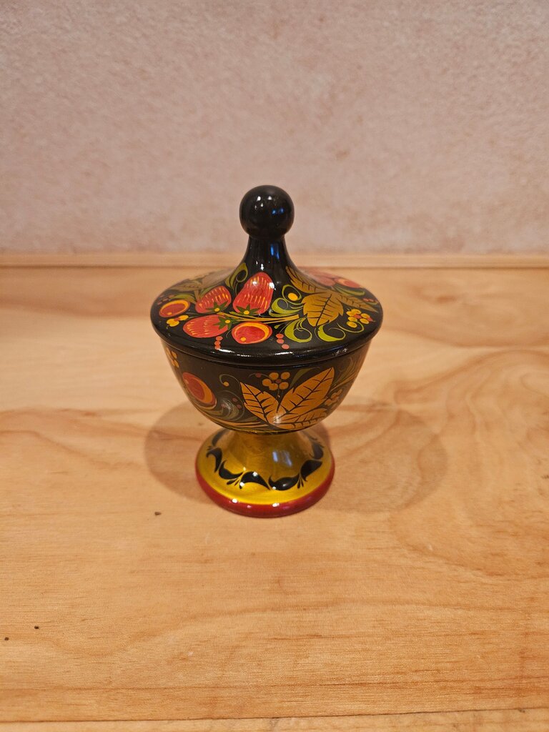 Vintage Hand Painted Khokhloma Lacquered Vase for Jam with Lid, Cream Bowl