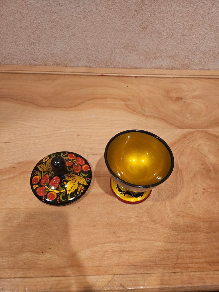 Vintage Hand Painted Khokhloma Lacquered Vase for Jam with Lid, Cream Bowl