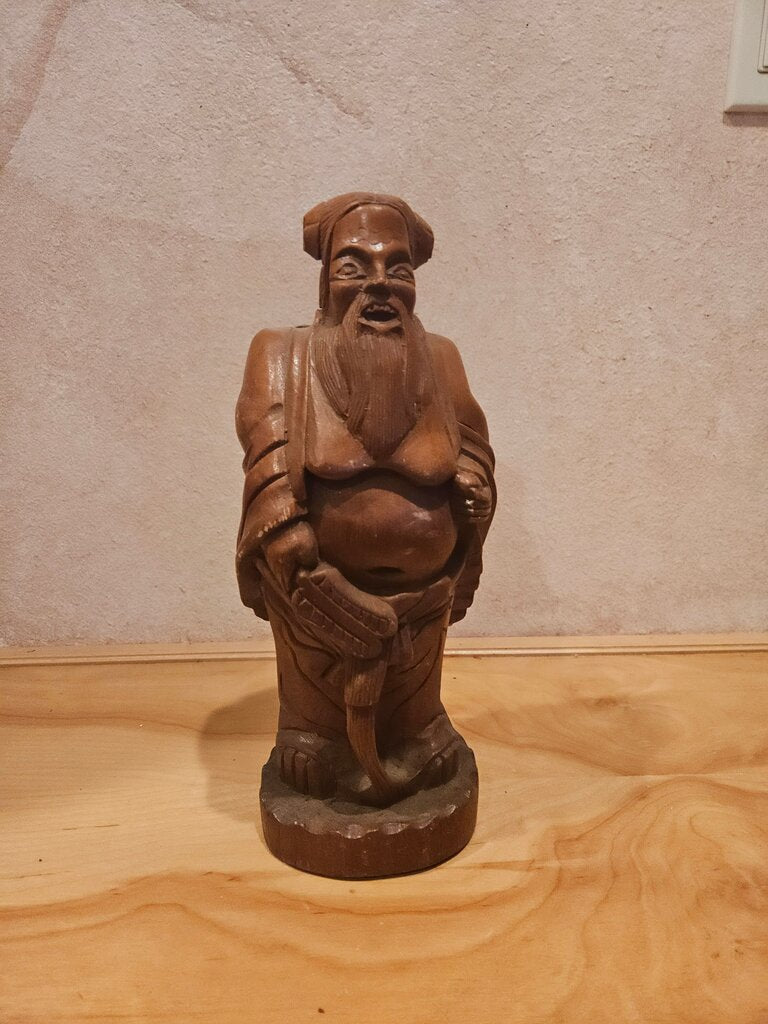 Vintage Asian hand carved solid wood old wise man with big belly as is