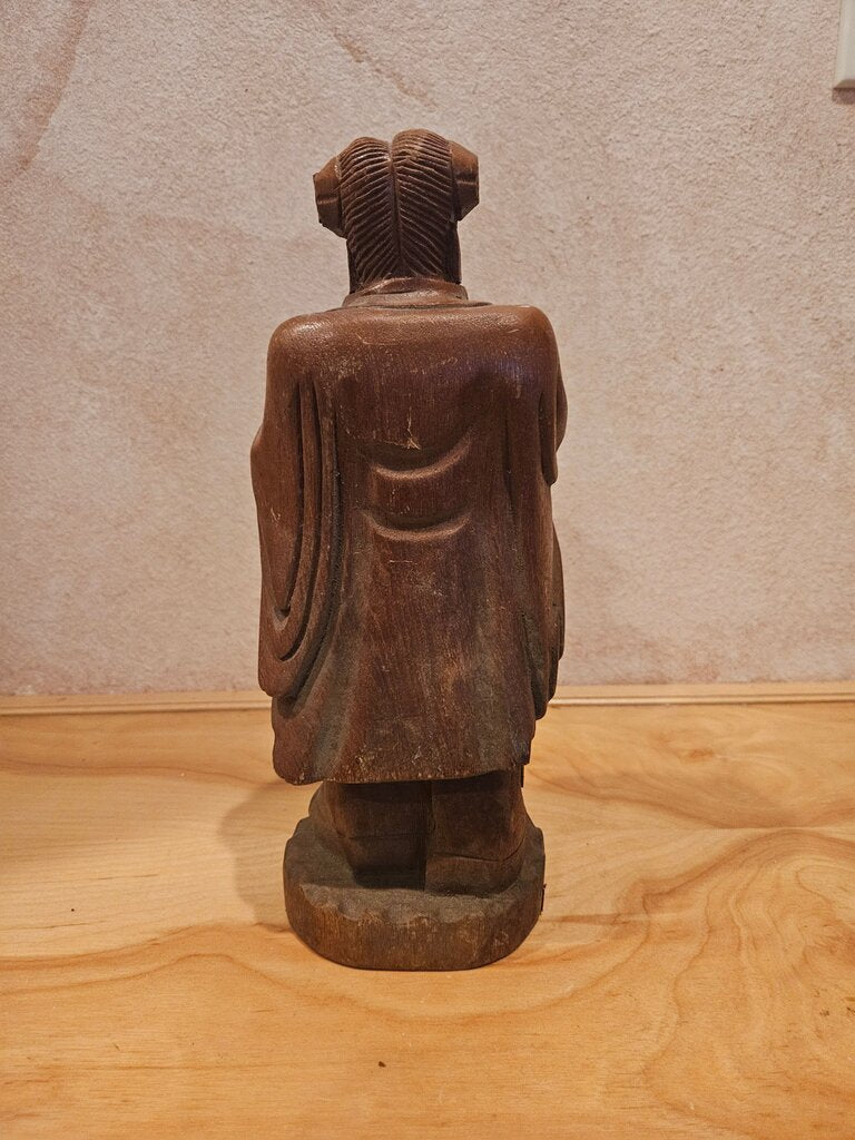 Vintage Asian hand carved solid wood old wise man with big belly as is