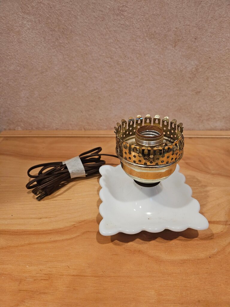Vintage Mid Century Brass Oil Lamp Base with milk glass scalloped edged Tray