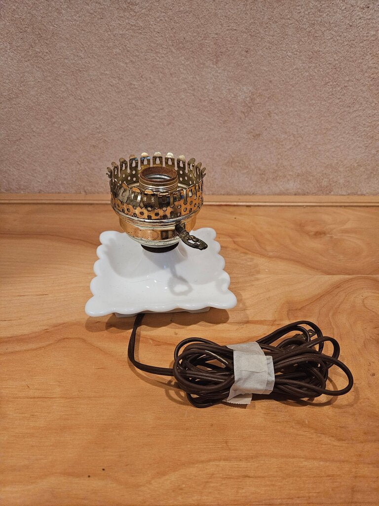 Vintage Mid Century Brass Oil Lamp Base with milk glass scalloped edged Tray