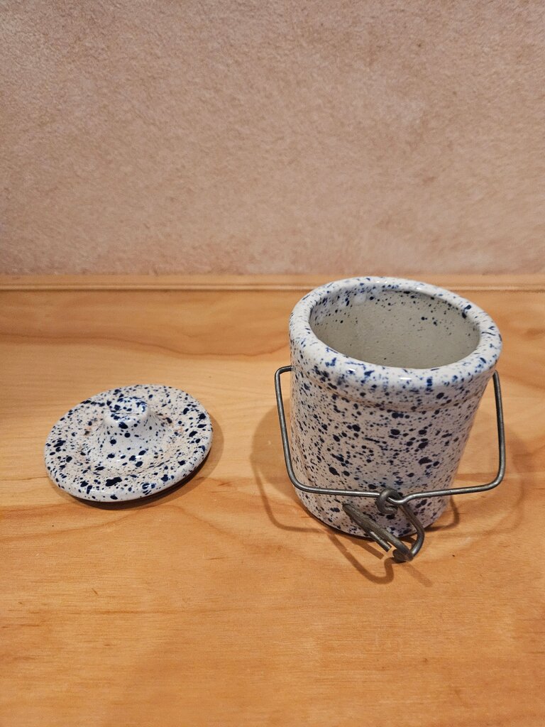 Vintage Cobalt Blue Speckled Cheese/Butter Spatterware Crock & Metal Bale