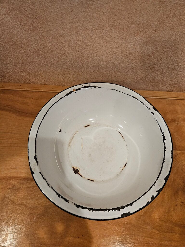 Vintage Enamel Bowl Rusty Large White Black Trim Wash Basin