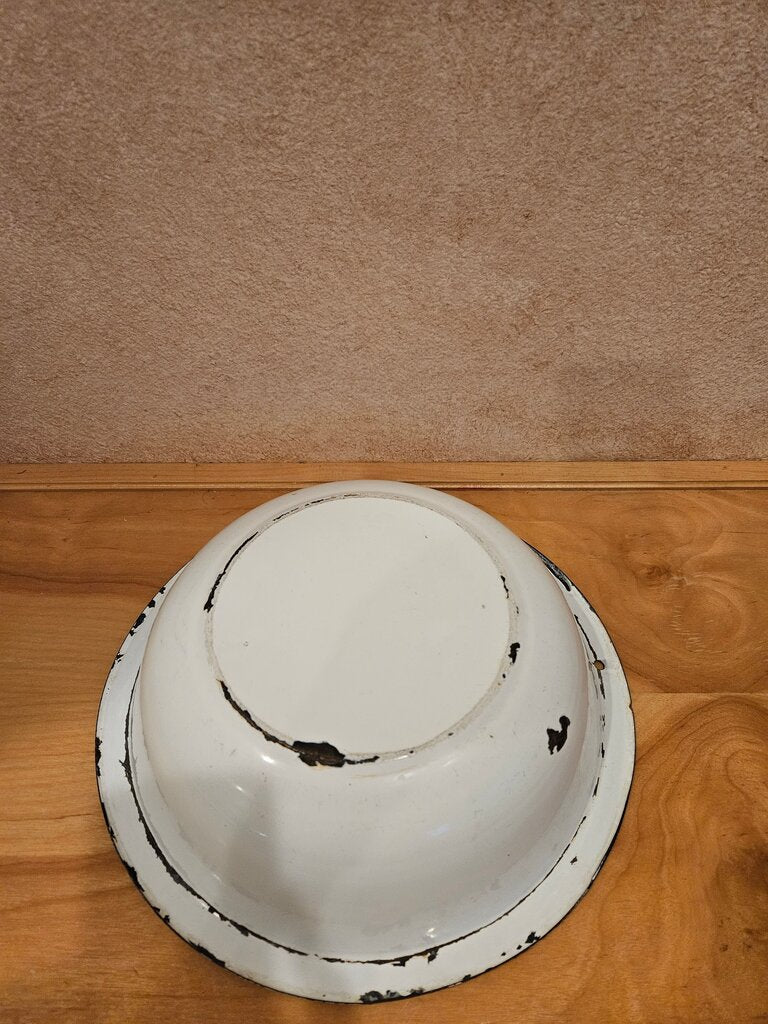 Vintage Enamel Bowl Rusty Large White Black Trim Wash Basin