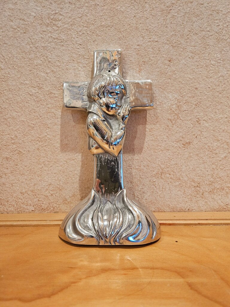 Vintage Silver Tone Cross Figurine with Child