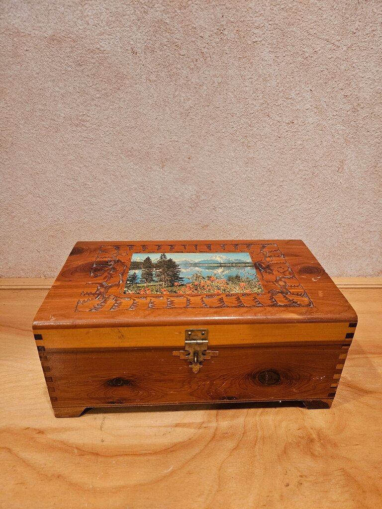 Vintage Hand-carved Wood Treasure Box Landscape Picture Print Clasp Cedar
