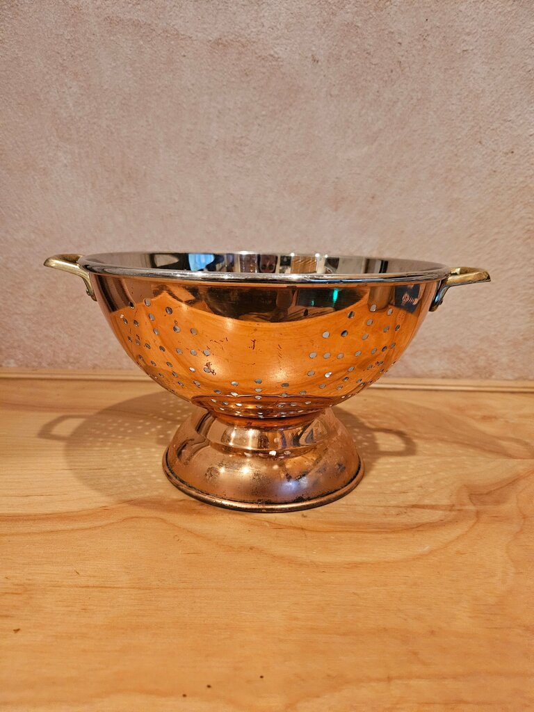 Vintage Copper & Brass Colander Strainer, Vintage (Some dents, flaws and scratches throughout)