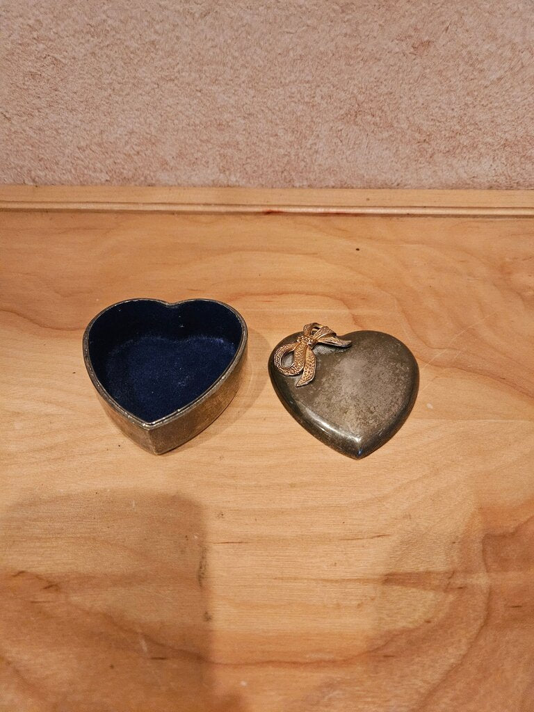 Vintage Heart Shaped Jewelry Box With Gold Tone Bow with blue lining