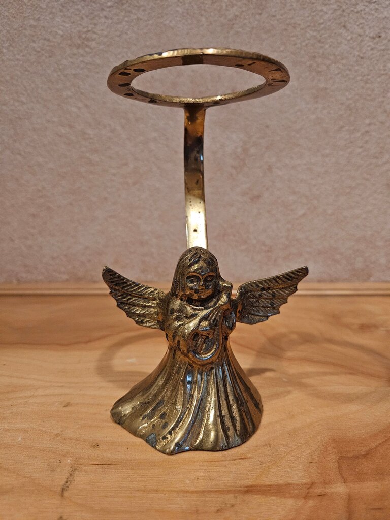 Vintage Solid Brass Angel Candle Holder. Angel With Spread Wings and Harp With Halo Ring to Hold Candle in Jar/riser