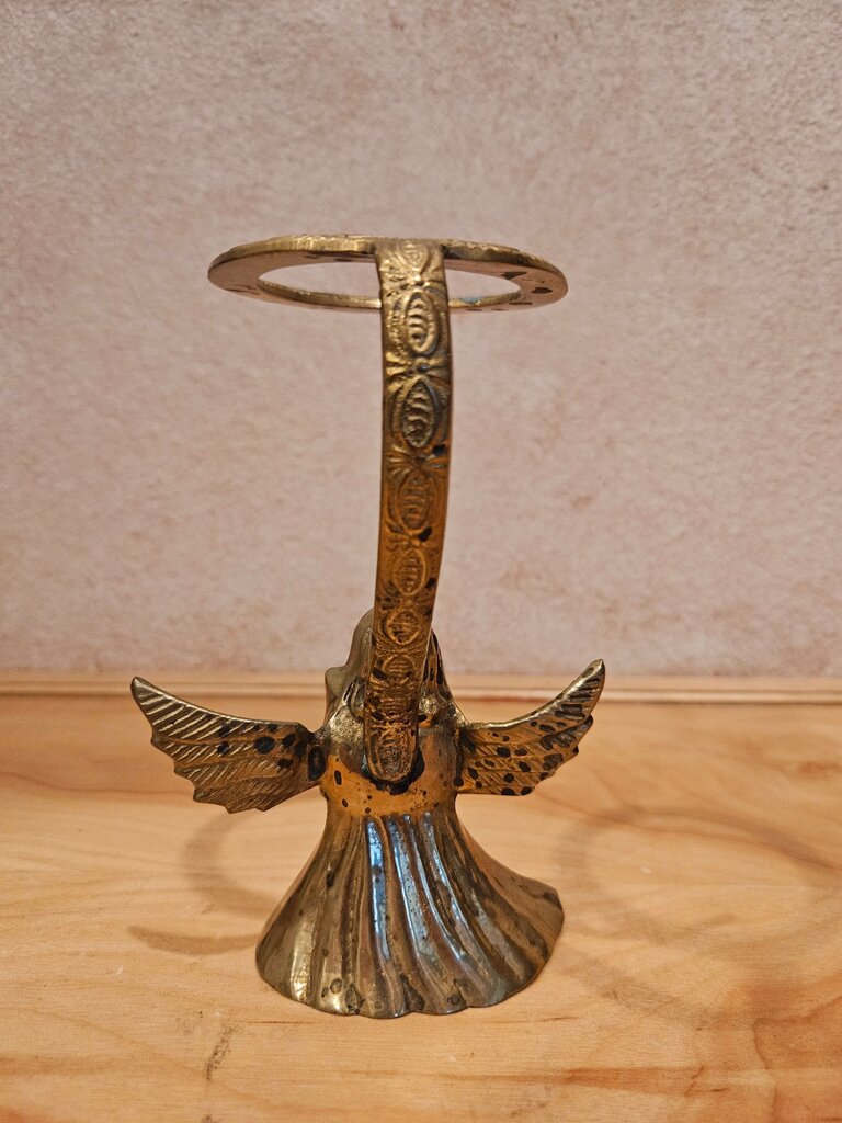 Vintage Solid Brass Angel Candle Holder. Angel With Spread Wings and Harp With Halo Ring to Hold Candle in Jar/riser