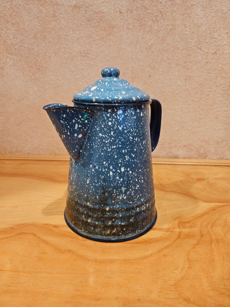 Vintage Speckled Enamel with Cobalt Blue Handle, Farmhouse, Camping, Vase