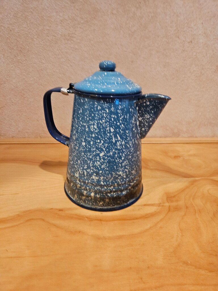 Vintage Speckled Enamel with Cobalt Blue Handle, Farmhouse, Camping, Vase