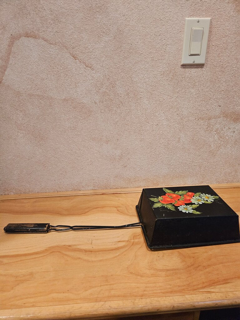 Vintage Black Metal with painted Flower Design on a handle for fire cooking campfire camping