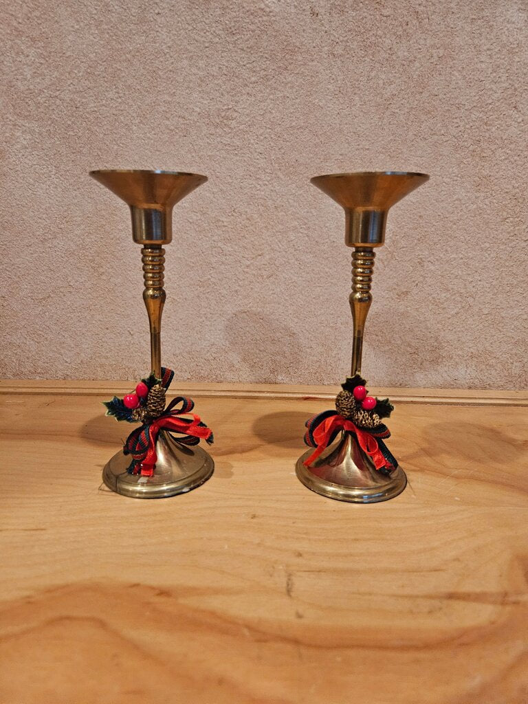 Pair of Vintage Brass Candle Holders with Decorative Ribbons