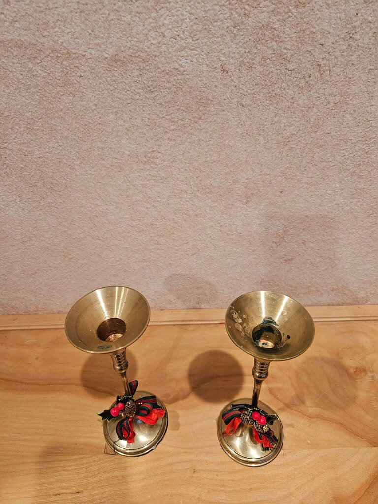 Pair of Vintage Brass Candle Holders with Decorative Ribbons