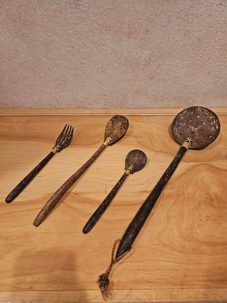 Vintage Coconut Handmade Cooking Utensils 3 Spoons and One Fork.