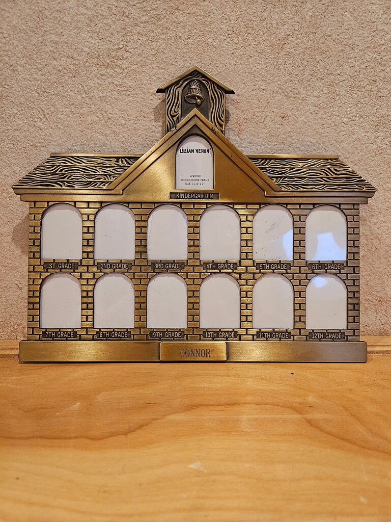 Lillian Vernon Schoolhouse Frame - New in Box, Holds 1 1/2" x 2" School Photos Kindergarten through 12th Grade - Brass Metal, Tabletop, Wall